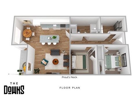 Floor plan for 2 beds, 1 bath, 937 sqft